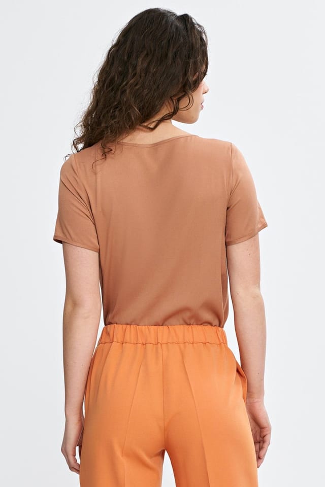 Love Lace Love Lace Women's Viscose Boat Neck Short Sleeve Blouse in Brown - 3