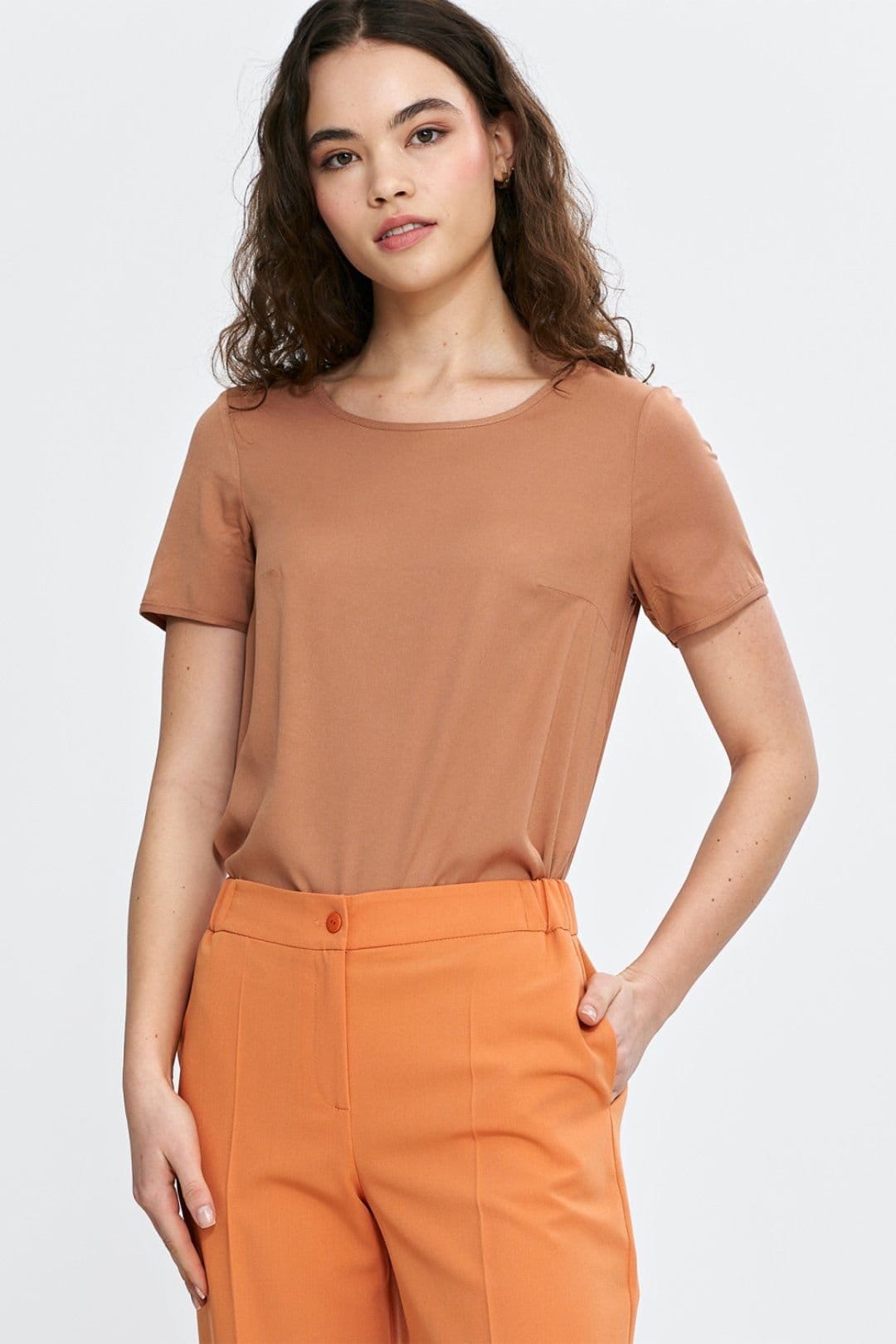 Love Lace Love Lace Women's Viscose Boat Neck Short Sleeve Blouse in Brown - 4