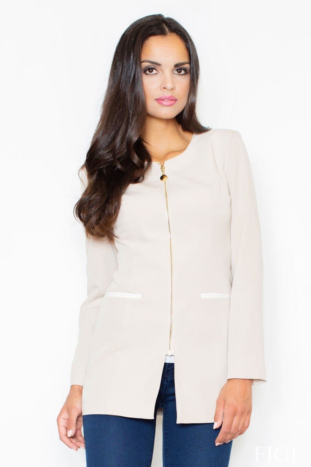 Love Lace Love Lace Beige Long Fitted Knit Jacket with Decorative Zip