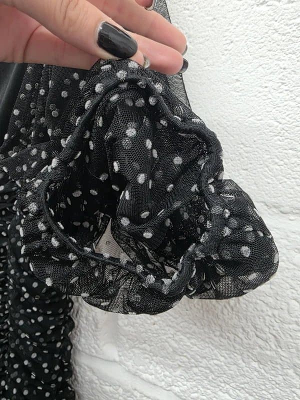 Zara Black Polka Dot Mesh Ruched Mini Dress Puff Sleeve Size S