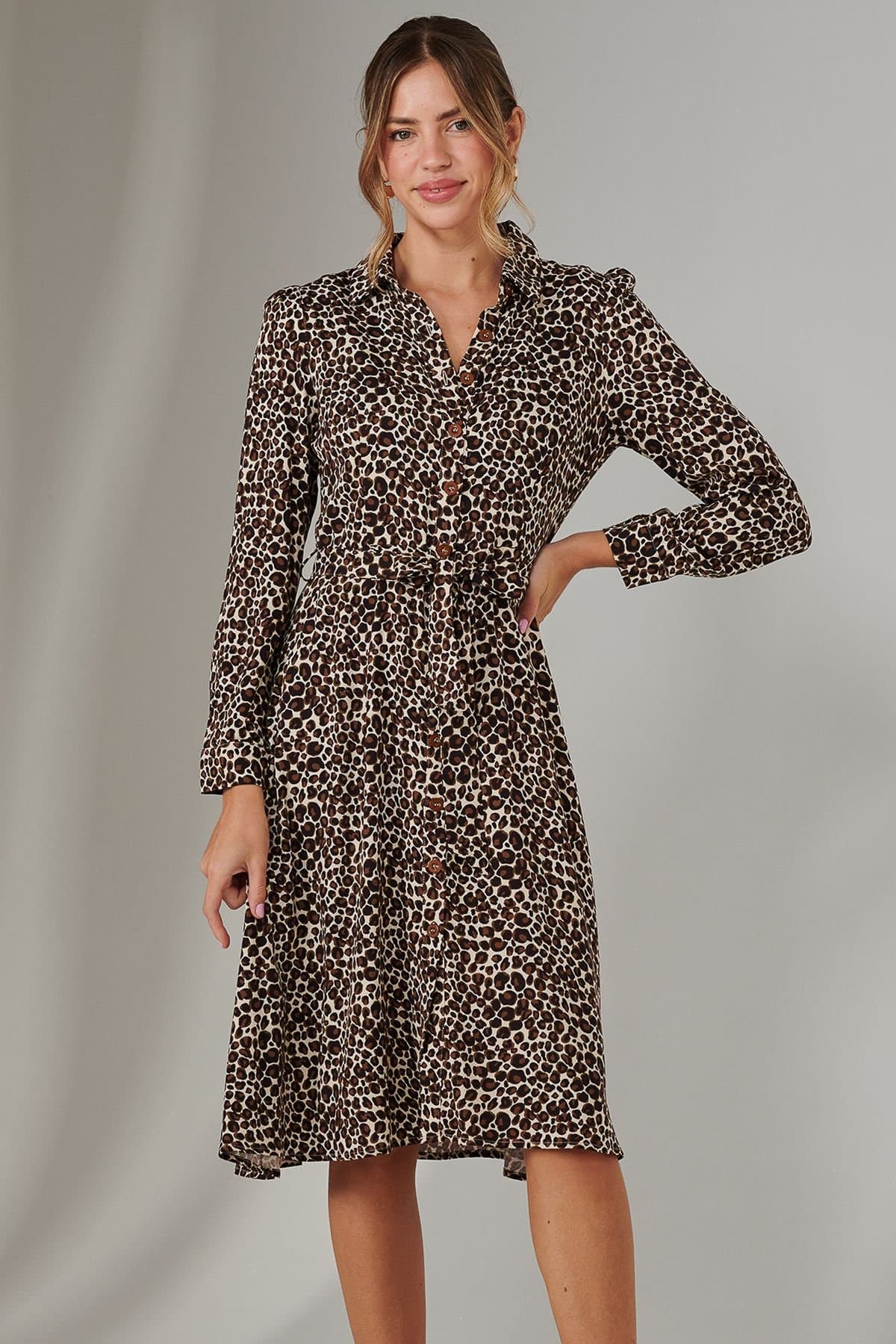 Jolie Moi Jolie Moi Women's Susan Long Sleeve Shirt Dress in Brown
