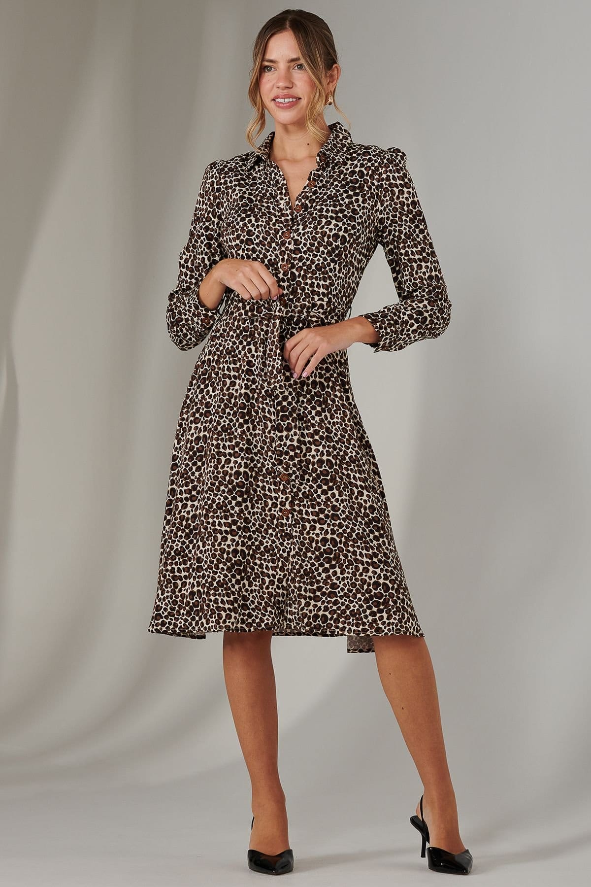 Jolie Moi Jolie Moi Women's Susan Long Sleeve Shirt Dress in Brown - 4