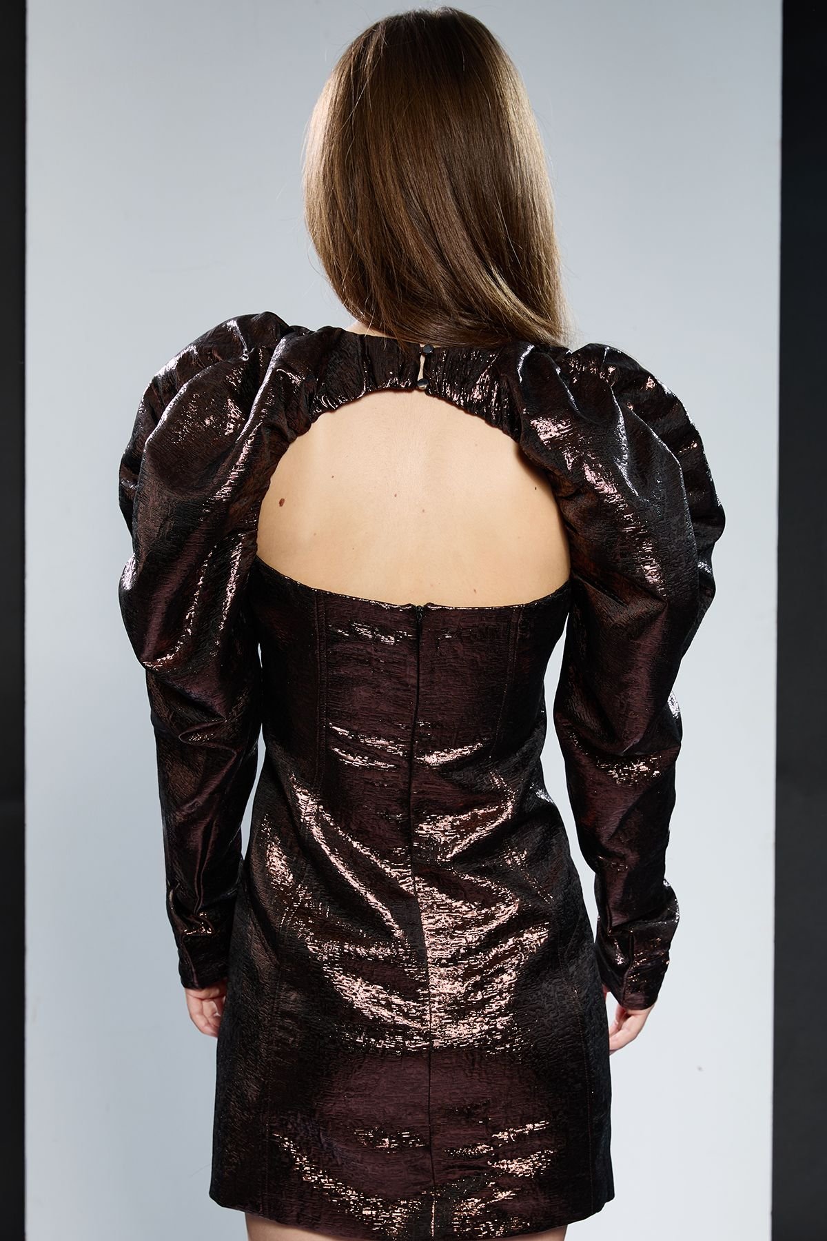 RUNWAY 1.8.1.8 RUNWAY 1.8.1.8 Women's Runway 1.8.18 Ruched Shoulder Metallic Mini Dress in Bronze - 3