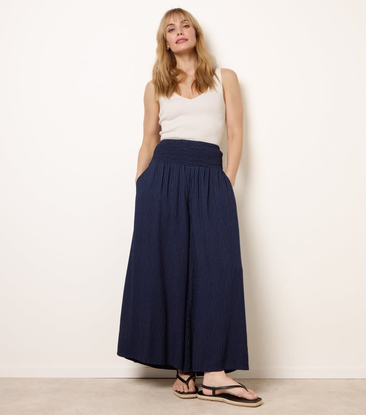 Blue Vanilla Women's Navy Striped Shirred Waist Wide Leg Trousers Blue Vanilla New Look