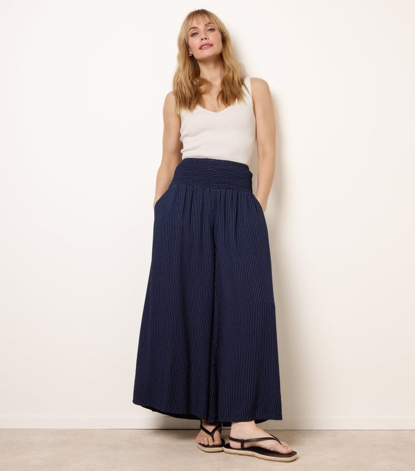 Blue Vanilla Women's Navy Striped Shirred Waist Wide Leg Trousers Blue Vanilla New Look - 1