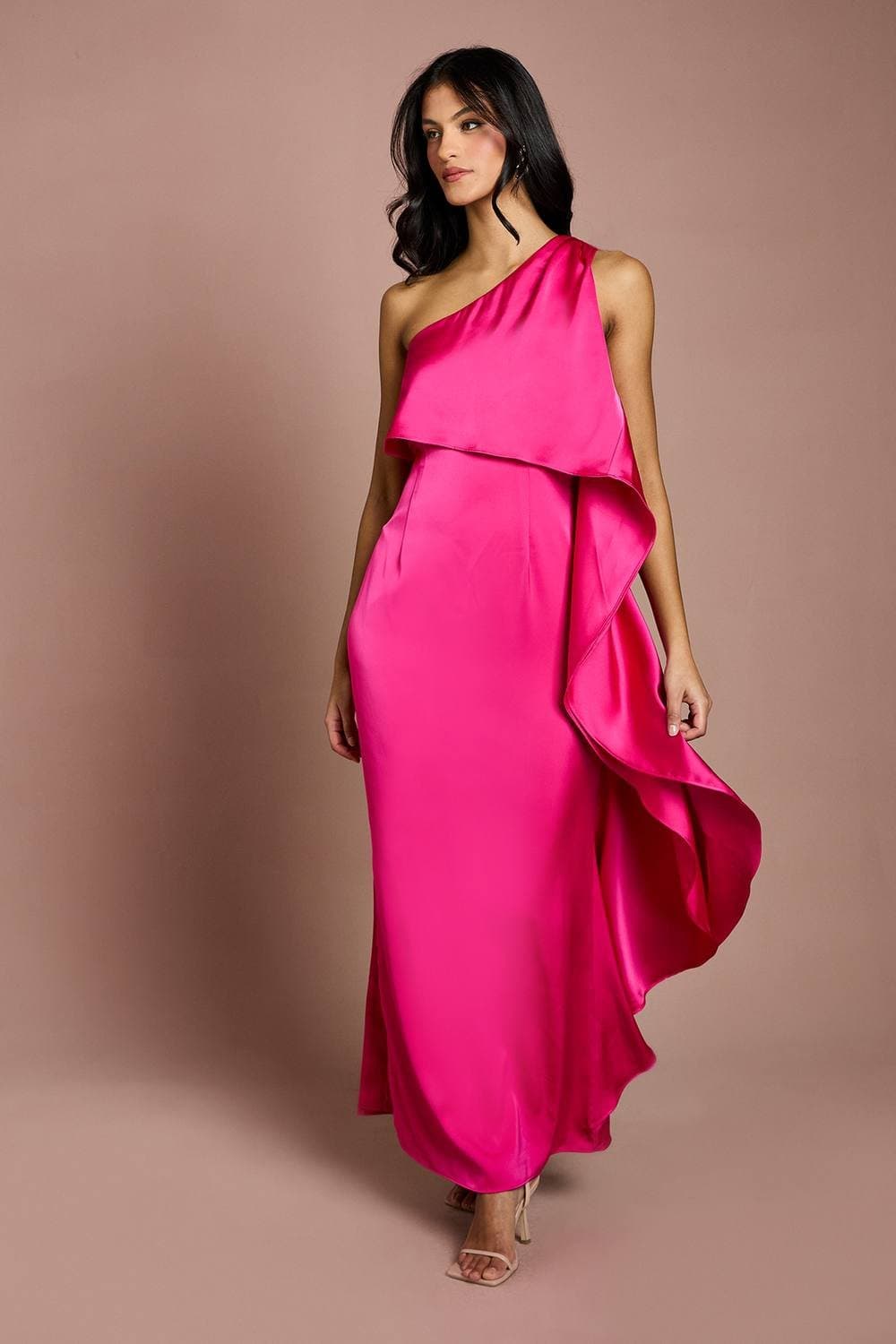 Coast Coast Women's Petite Waterfall One Shoulder Satin Maxi Dress in Magenta