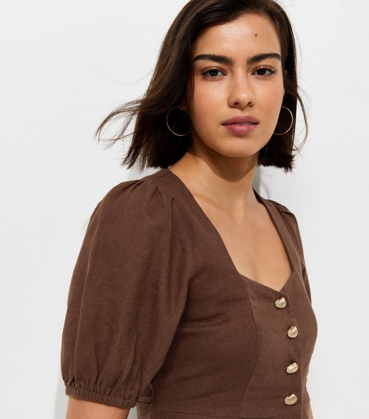 New Look Women's Dark Brown Linen Rich Shell Button Peplum Top New Look