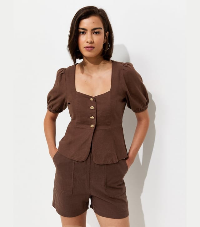 New Look Women's Dark Brown Linen Rich Shell Button Peplum Top New Look - 2
