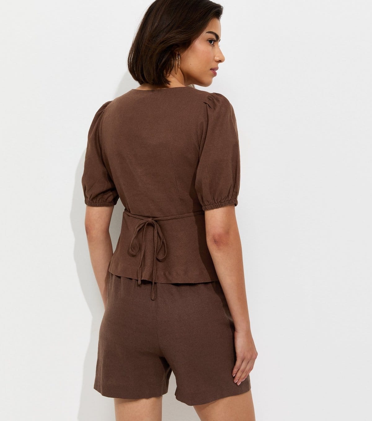 New Look Women's Dark Brown Linen Rich Shell Button Peplum Top New Look - 4