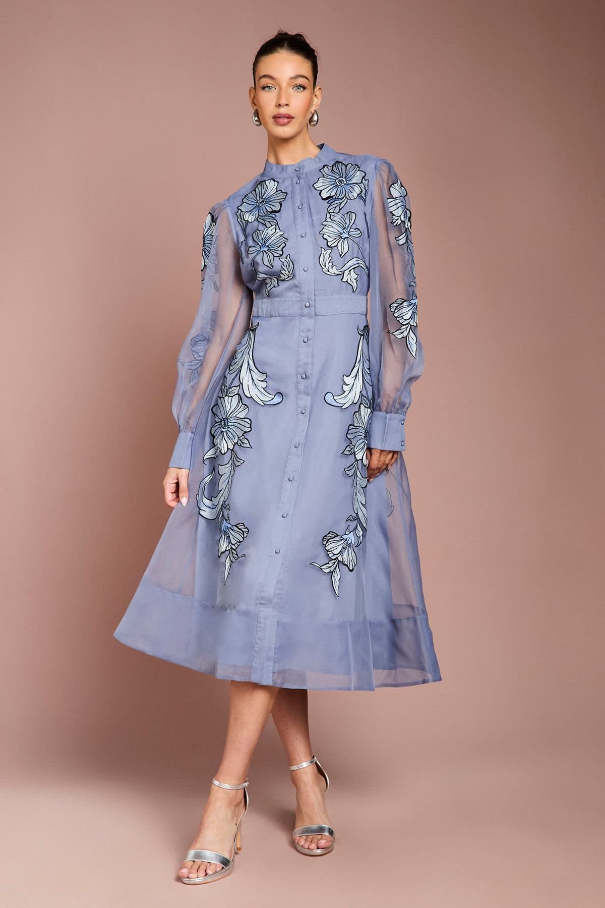 Coast Coast Women's Placement Embroidered Long Sleeve Midi Dress in Blue