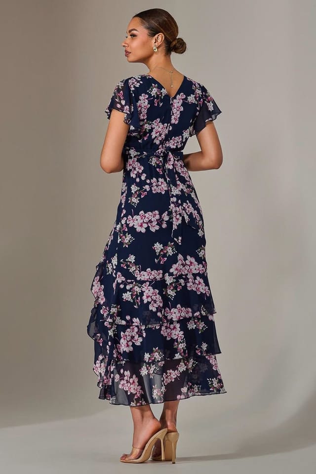 Jolie Moi Jolie Moi Women's Printed Wrap Ruffle Maxi Dress in Dark Navy - 2