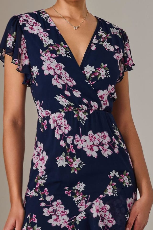Jolie Moi Jolie Moi Women's Printed Wrap Ruffle Maxi Dress in Dark Navy - 3