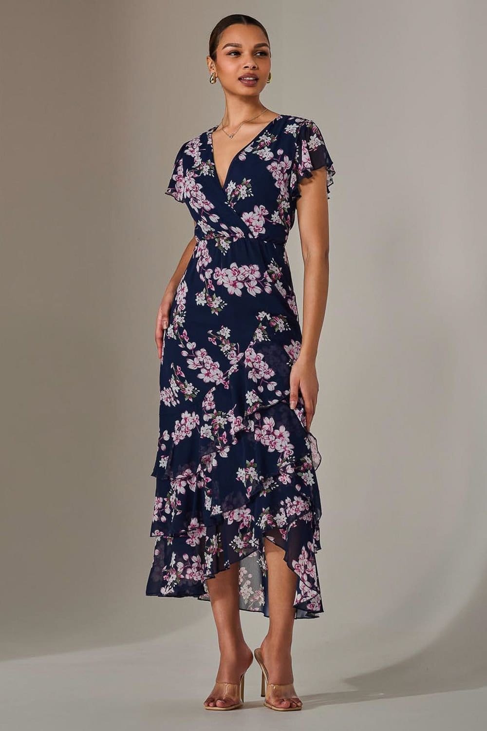 Jolie Moi Jolie Moi Women's Printed Wrap Ruffle Maxi Dress in Dark Navy - 4