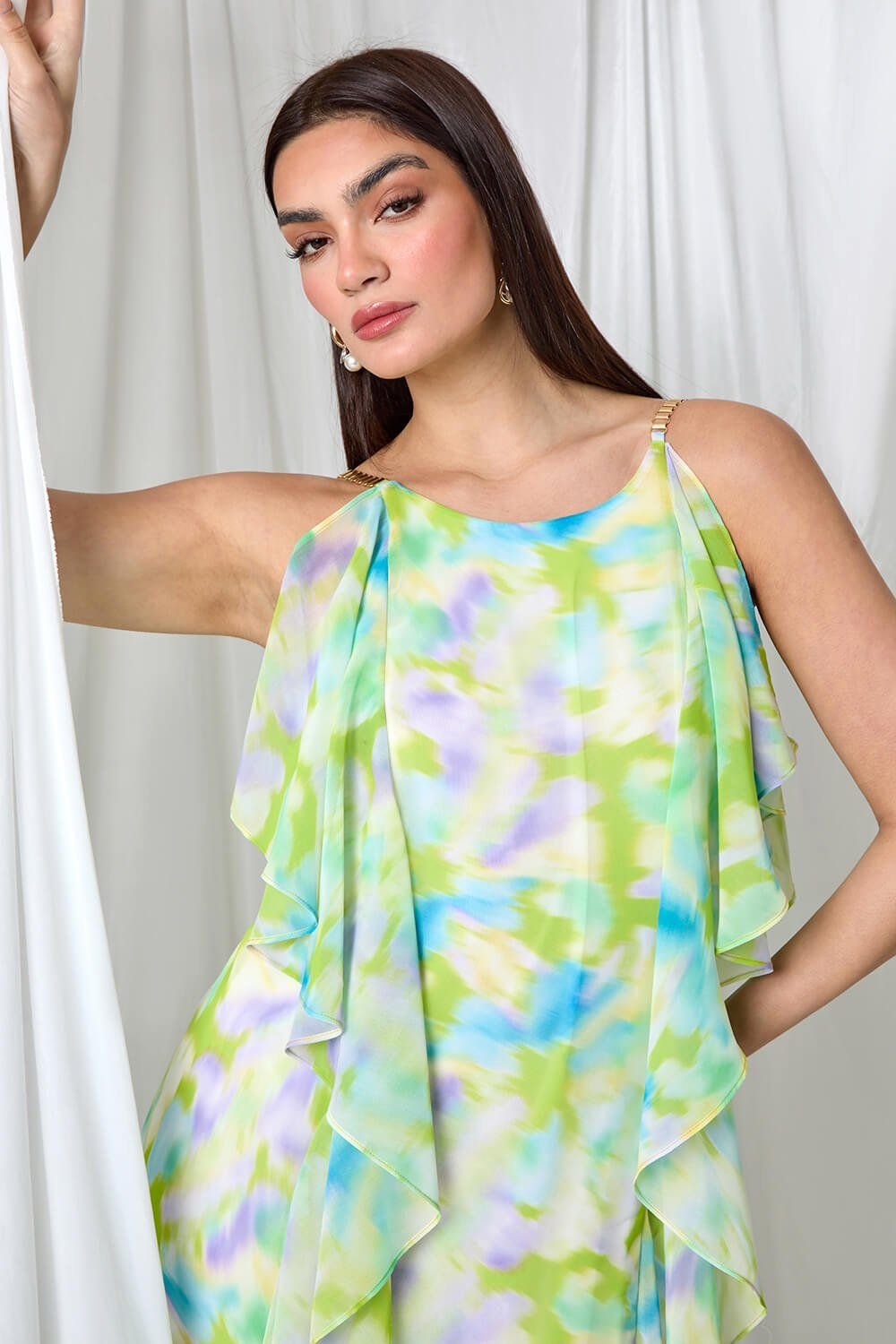 Ariella Ariella Women's Abstract Chiffon Ruffle Detail Midi Dress in Lime - 2