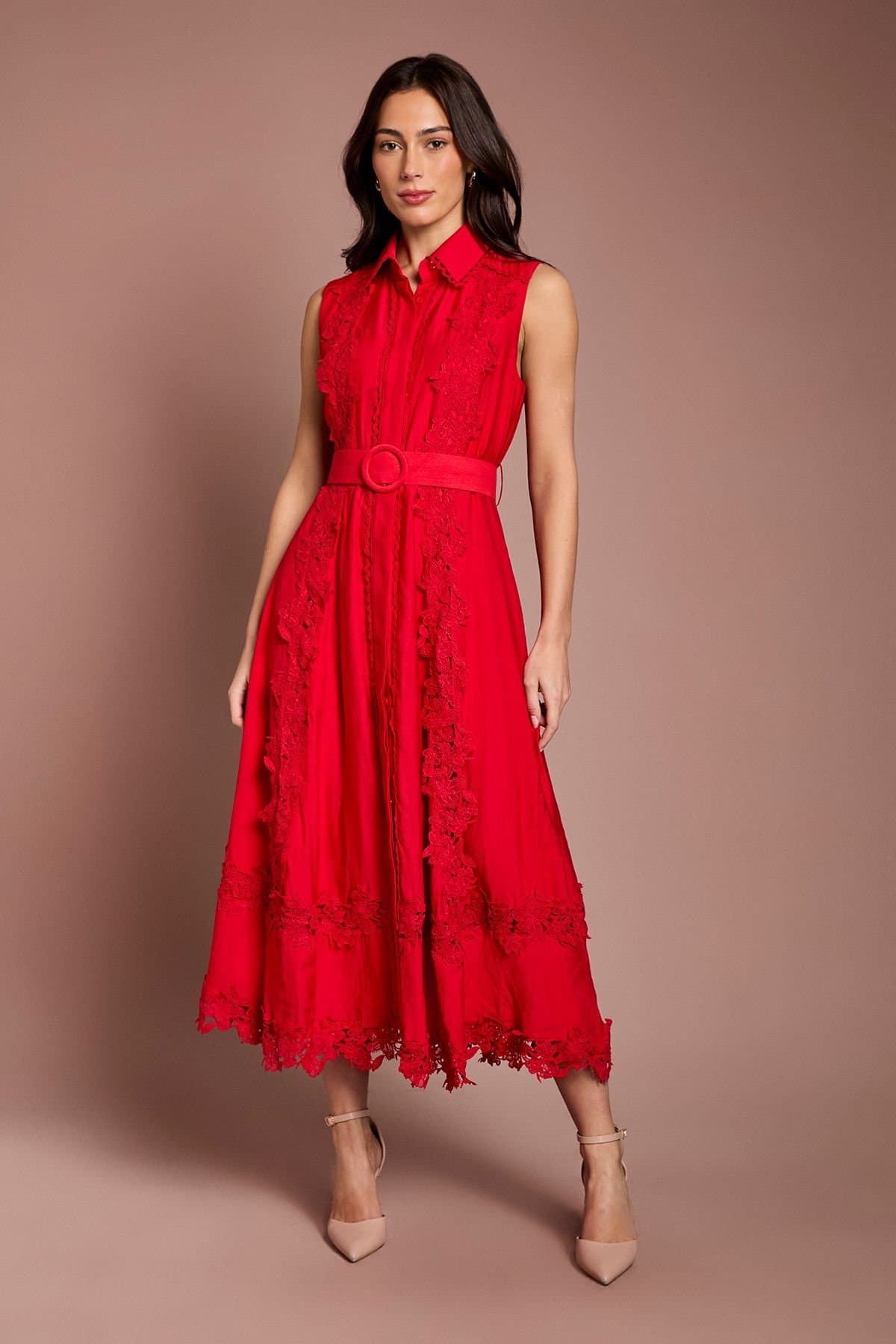 Coast Coast Women's Lace Panelled Belted Sleeveless Shirt Dress in Flame Red