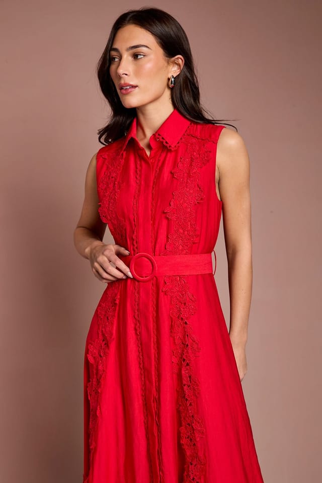 Coast Coast Women's Lace Panelled Belted Sleeveless Shirt Dress in Flame Red - 2