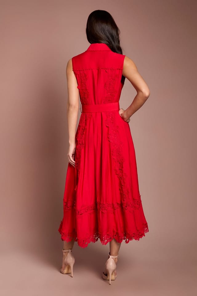 Coast Coast Women's Lace Panelled Belted Sleeveless Shirt Dress in Flame Red - 3