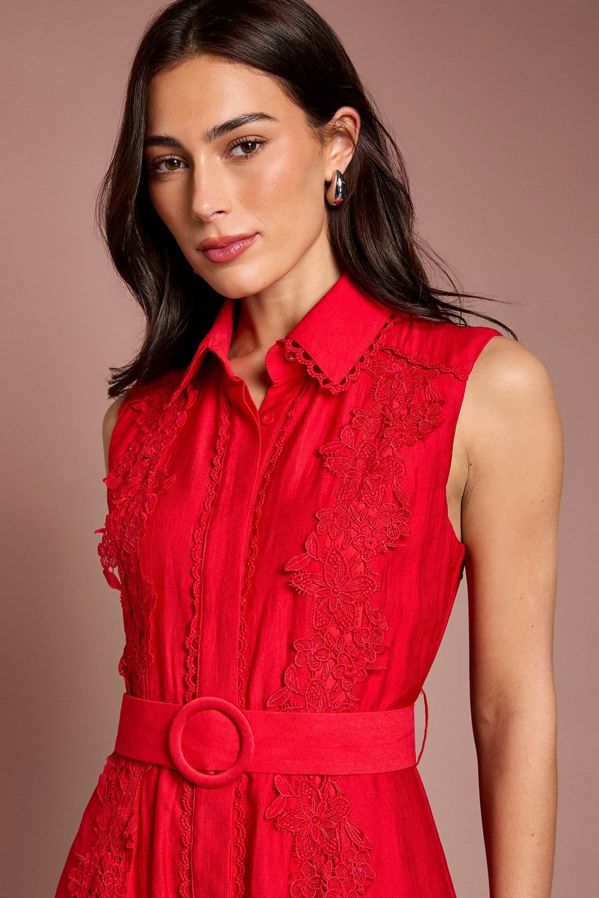 Coast Coast Women's Lace Panelled Belted Sleeveless Shirt Dress in Flame Red - 4