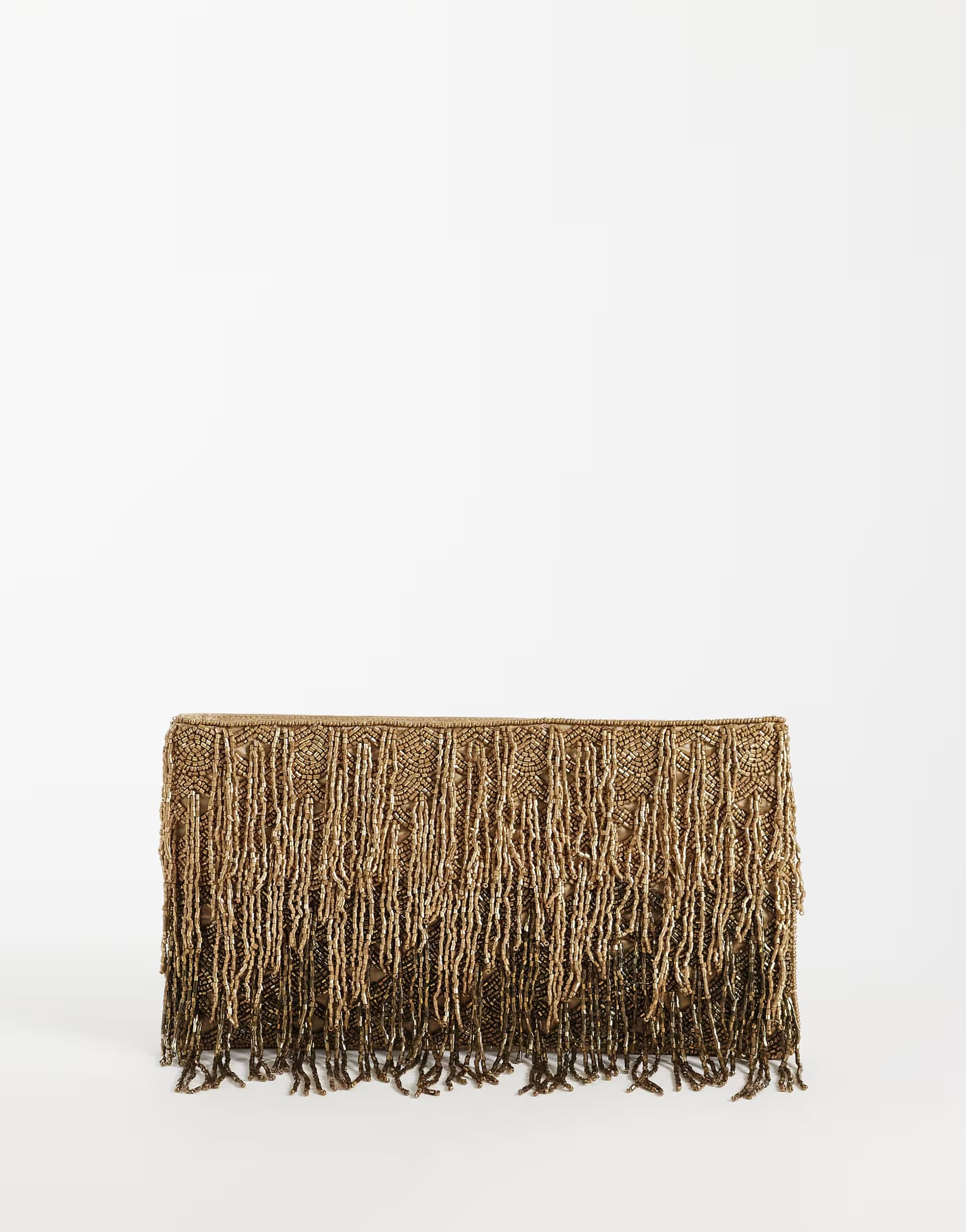ASOS ASOS DESIGN embellished beaded fringe zip top clutch in gold