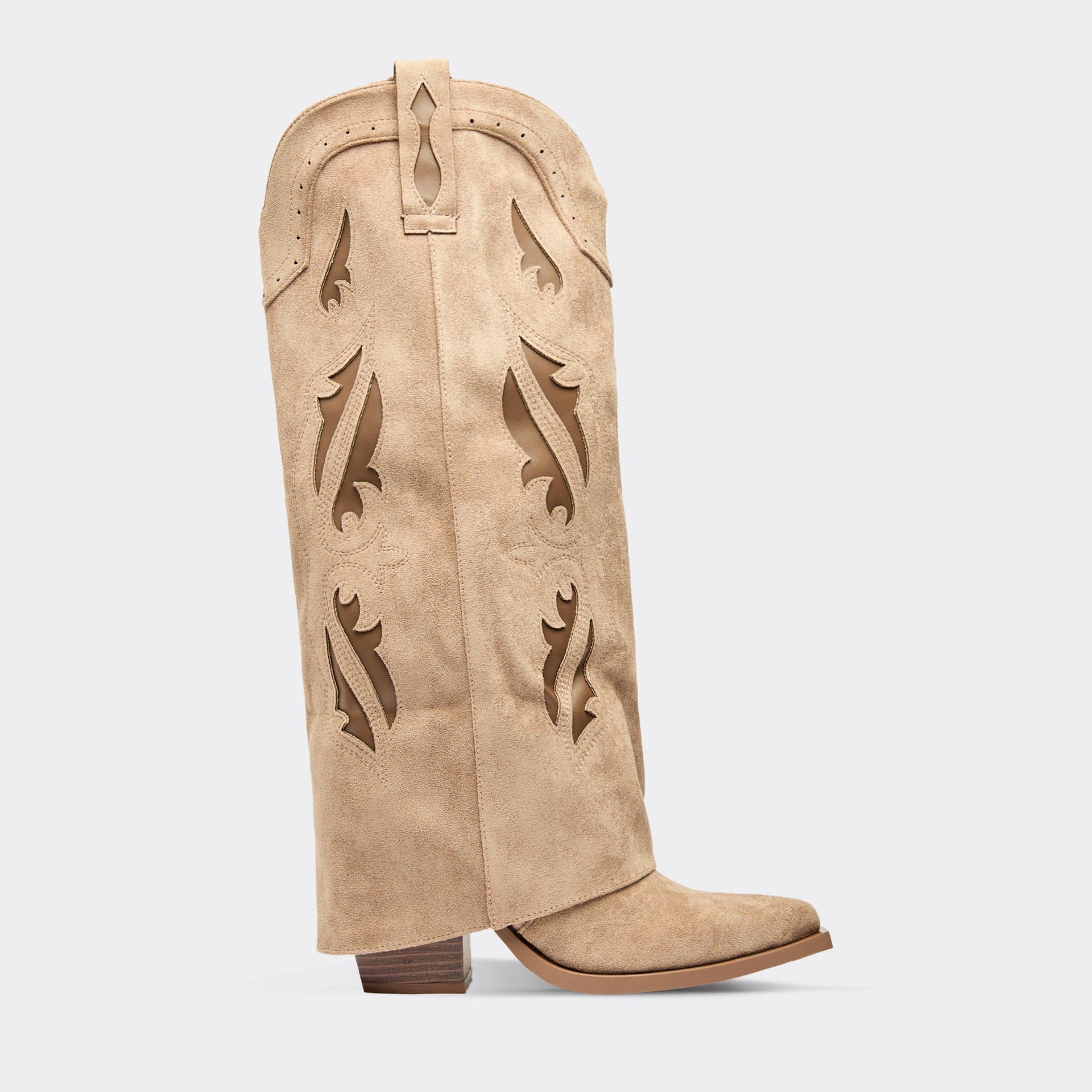 EGO Feng Cut Out Embroidered Detail Knee High Western Cowboy Boot In Taupe Faux Suede, Women's Size UK 3