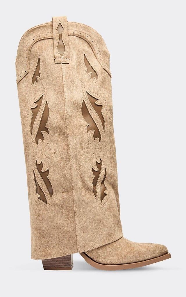 EGO Feng Cut Out Embroidered Detail Knee High Western Cowboy Boot In Taupe Faux Suede, Women's Size UK 3 - 2