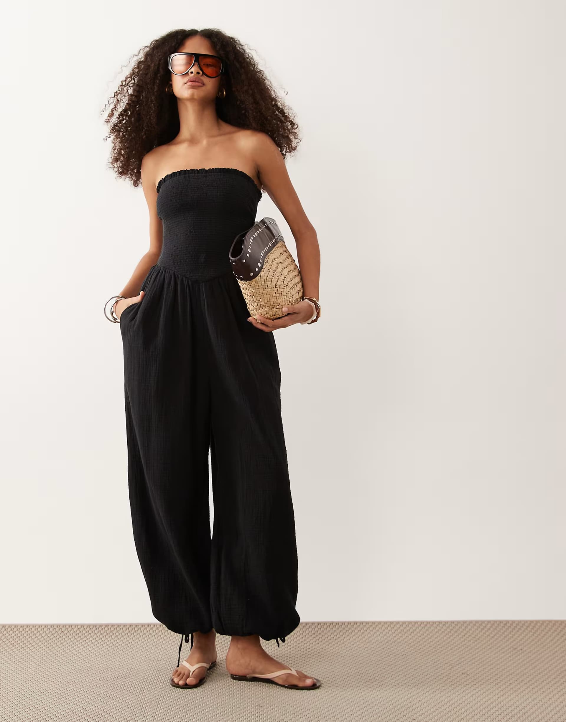 ASOS Abercrombie & Fitch strapless smocked balloon leg jumpsuit in black