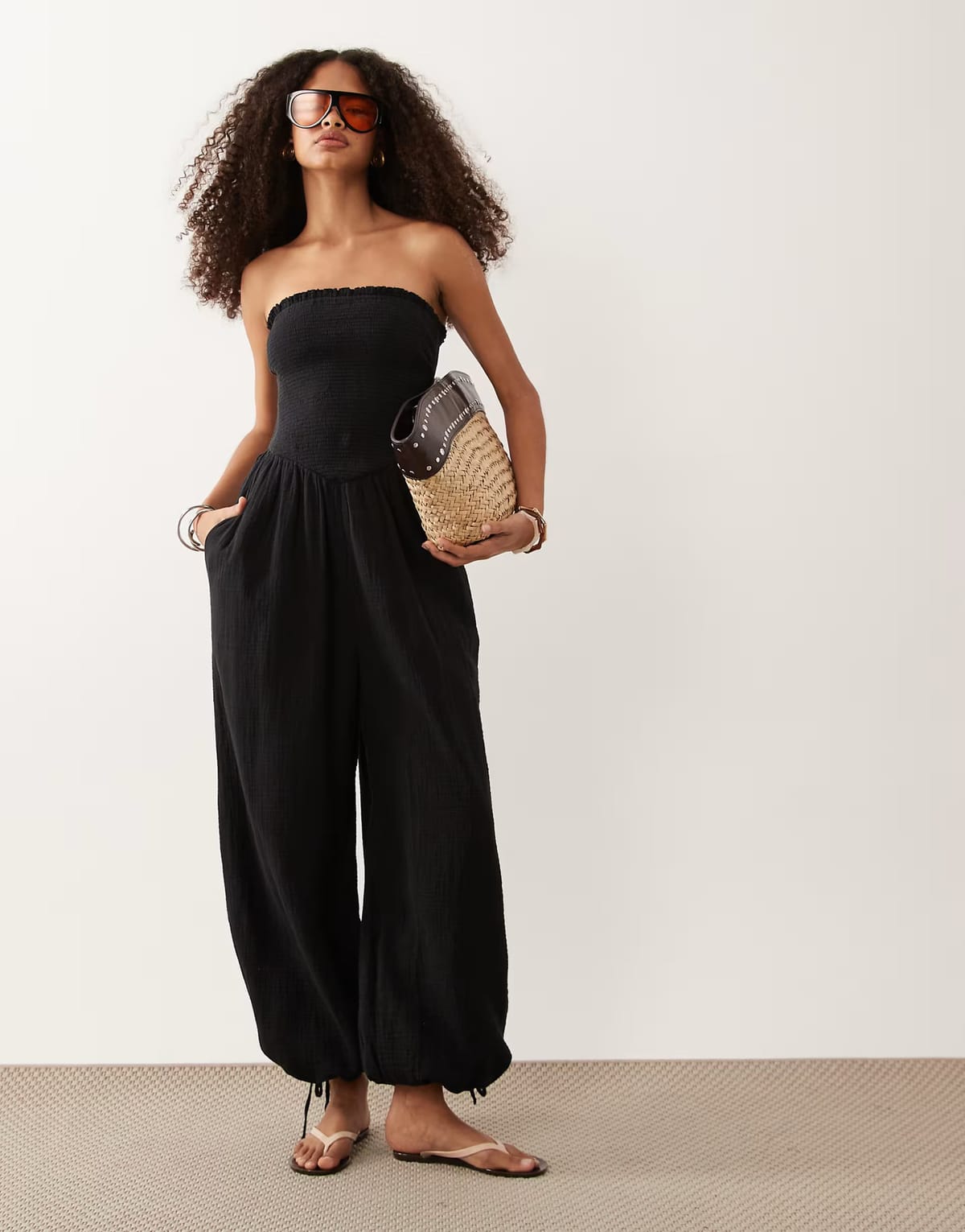 ASOS Abercrombie & Fitch strapless smocked balloon leg jumpsuit in black - 1