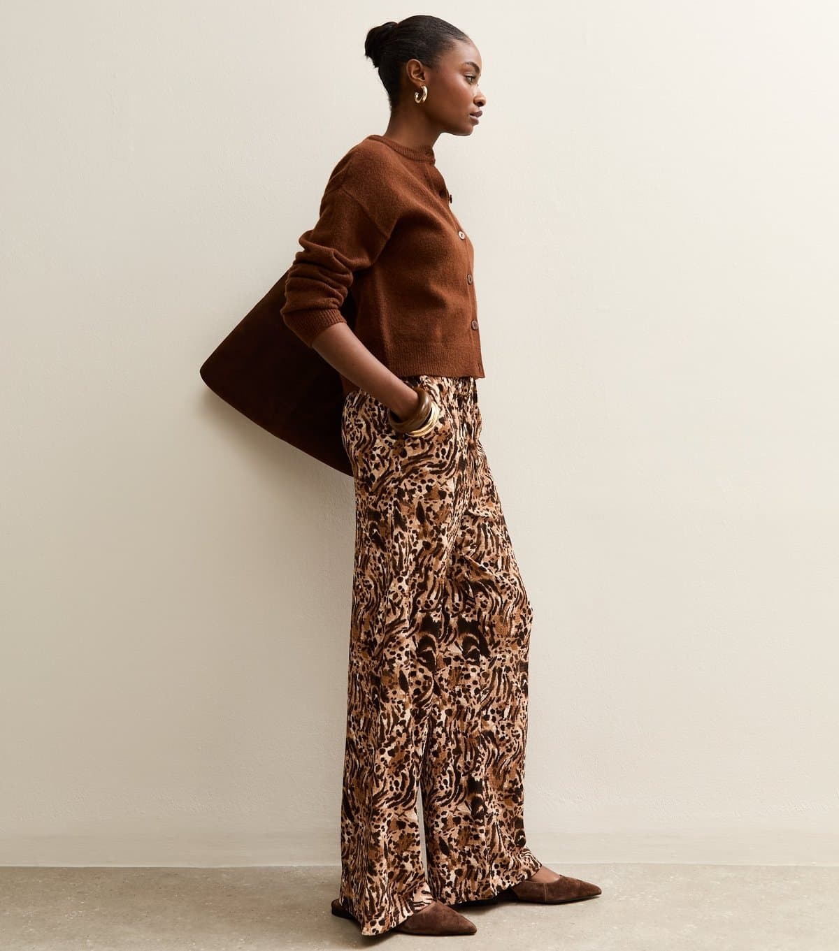 New Look Women's Brown Tiger Print Wide Leg Trousers New Look