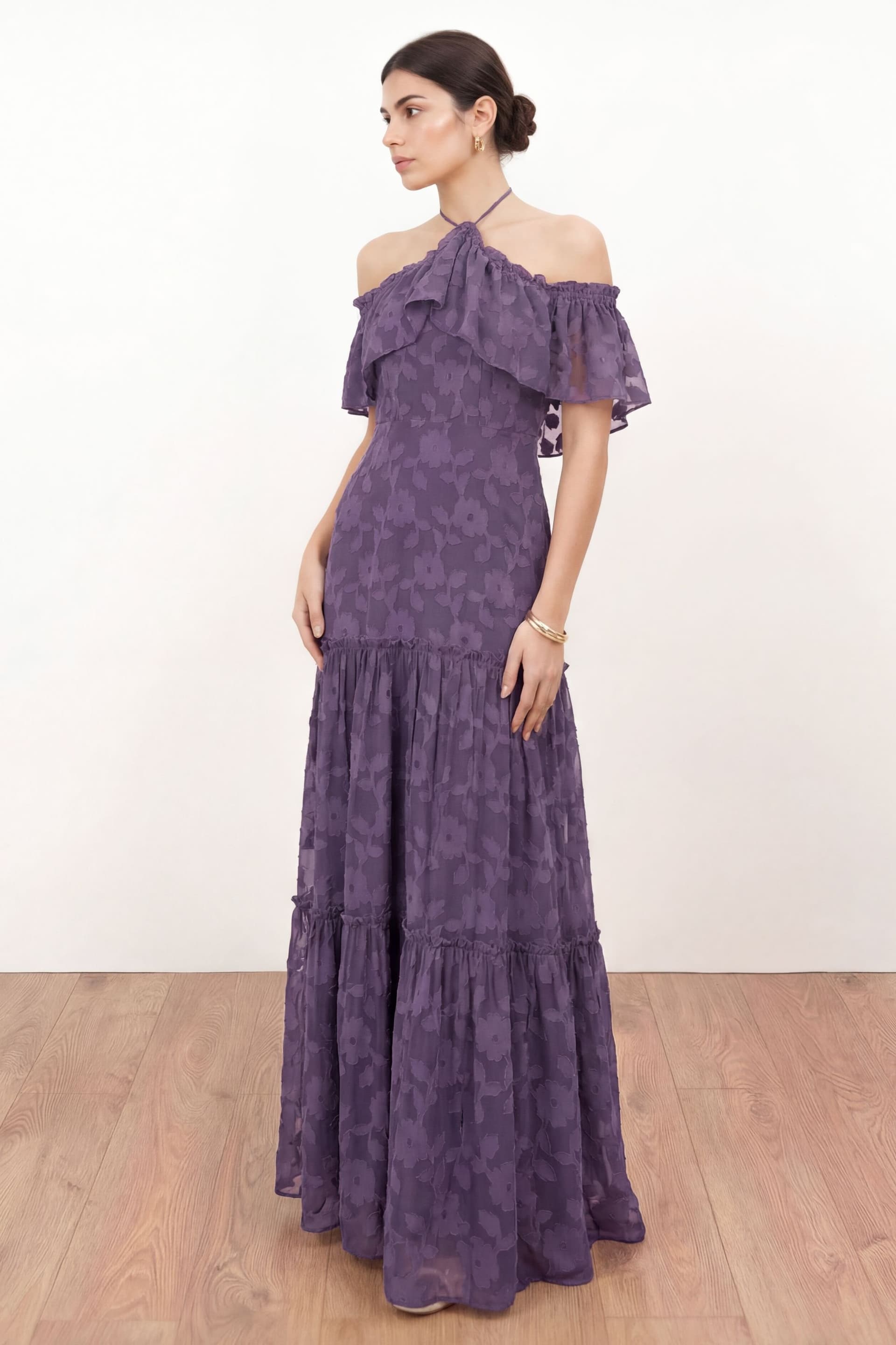 Anaya with Love Anaya with Love Women's Floral Burnout Cold Shoulder Halter Neck Maxi Dress in Purple