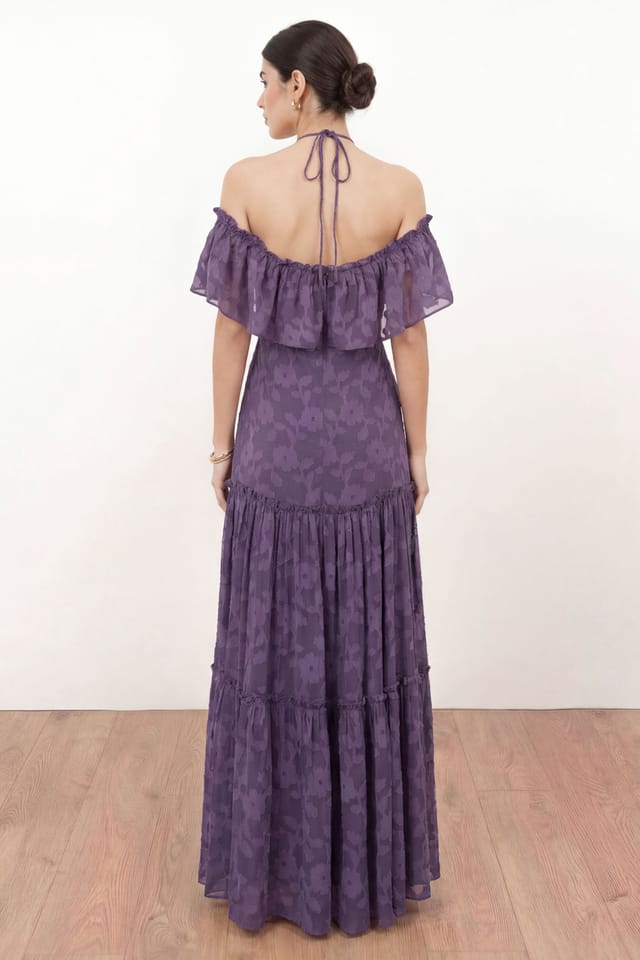 Anaya with Love Anaya with Love Women's Floral Burnout Cold Shoulder Halter Neck Maxi Dress in Purple - 2