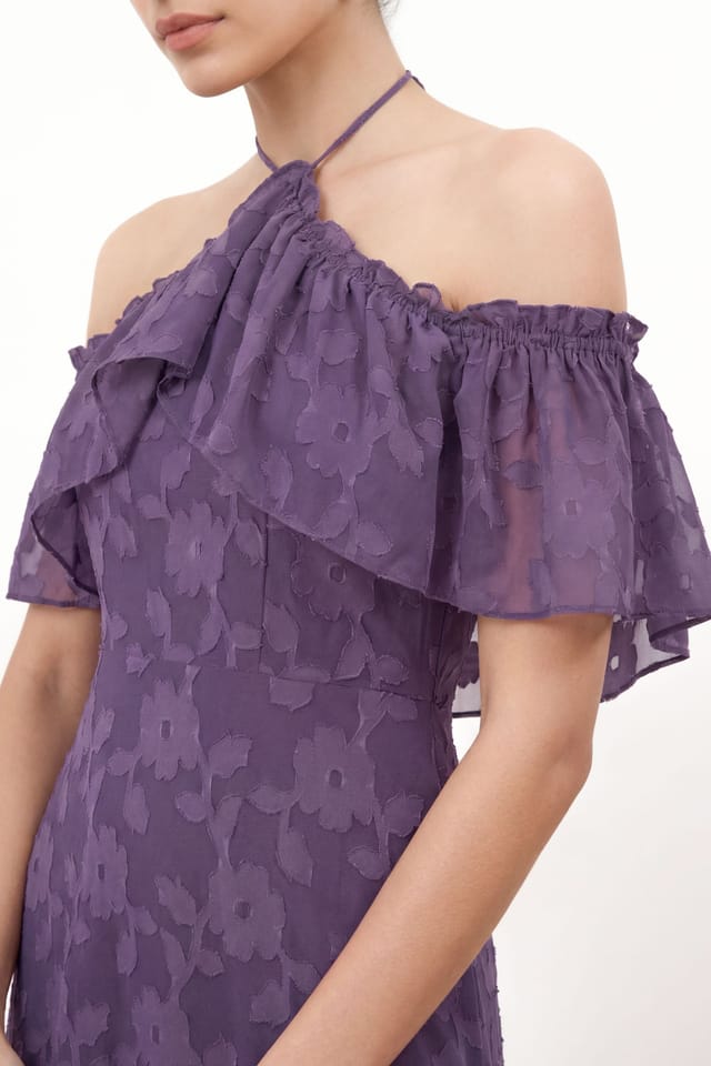 Anaya with Love Anaya with Love Women's Floral Burnout Cold Shoulder Halter Neck Maxi Dress in Purple - 3