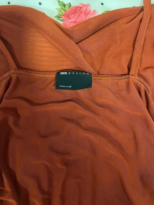 ASOS Design Orange/burnt orange mesh top, clubbing top, slightly ruched going out top,