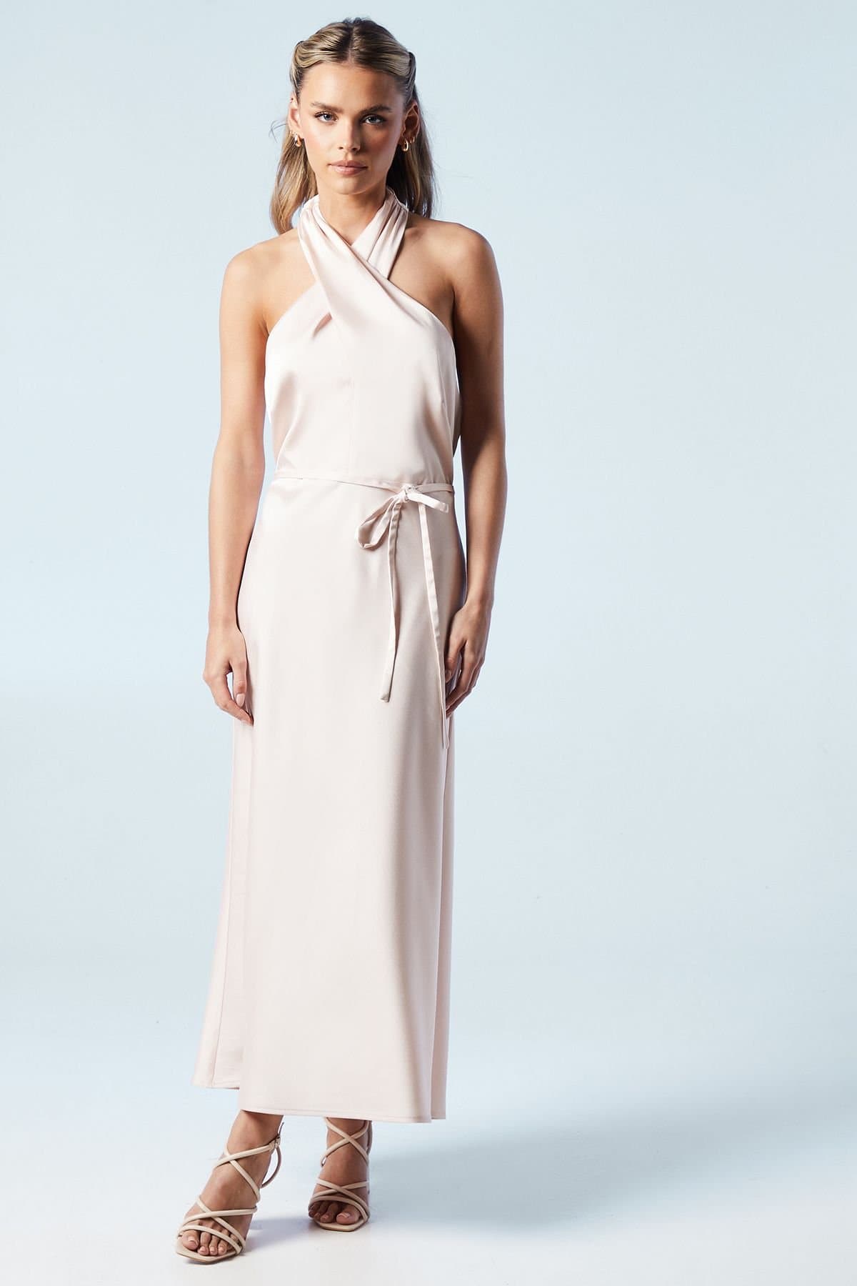 Oasis Oasis Women's Petite Cross Front Halter Neck Bridesmaid Midi Dress in Blush