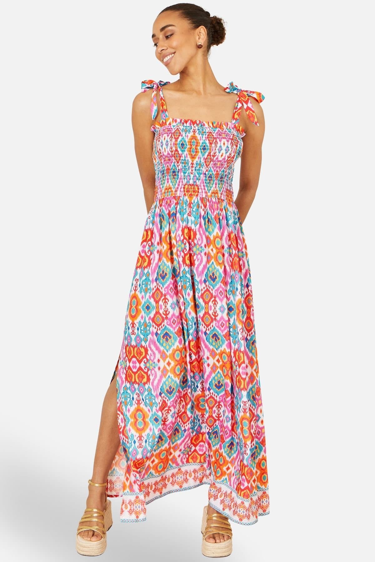 Yumi Yumi Women's Multicolour Ikat Print Maxi Viscose Sun Dress in Off-White