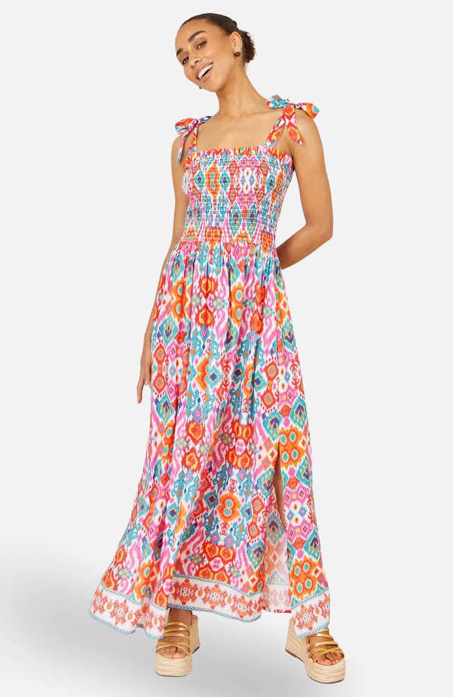 Yumi Yumi Women's Multicolour Ikat Print Maxi Viscose Sun Dress in Off-White - 2
