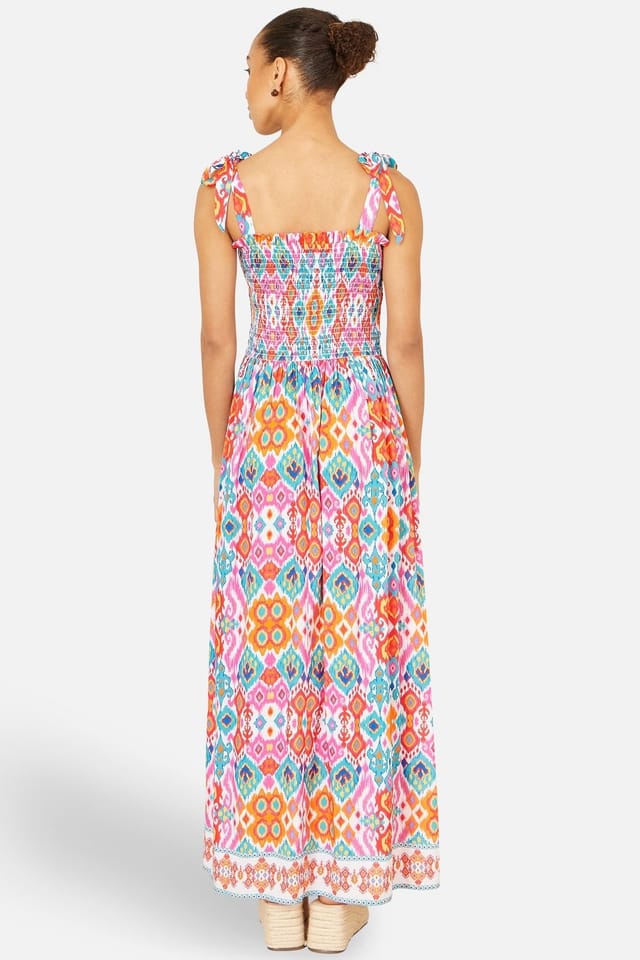 Yumi Yumi Women's Multicolour Ikat Print Maxi Viscose Sun Dress in Off-White - 3