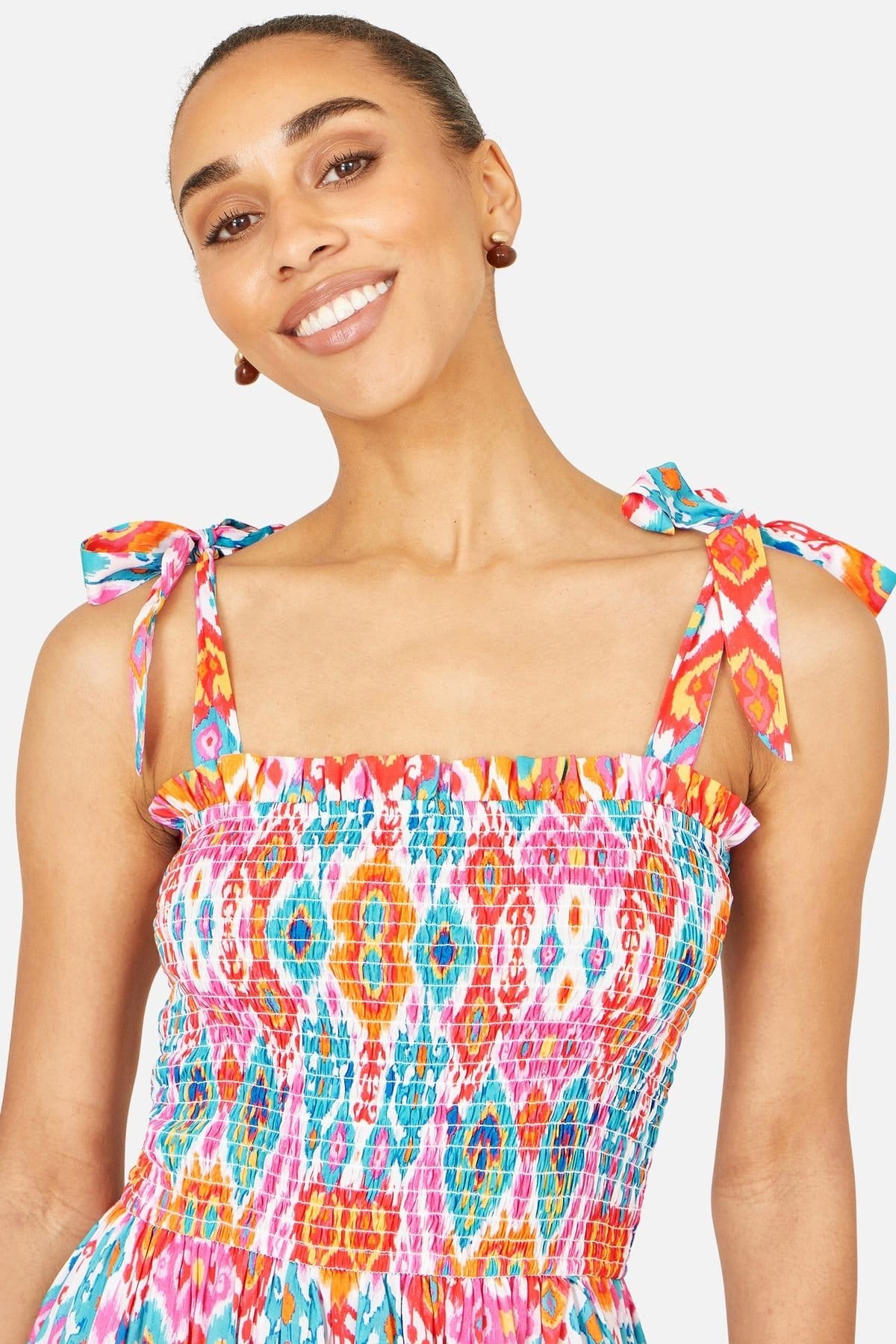 Yumi Yumi Women's Multicolour Ikat Print Maxi Viscose Sun Dress in Off-White - 4