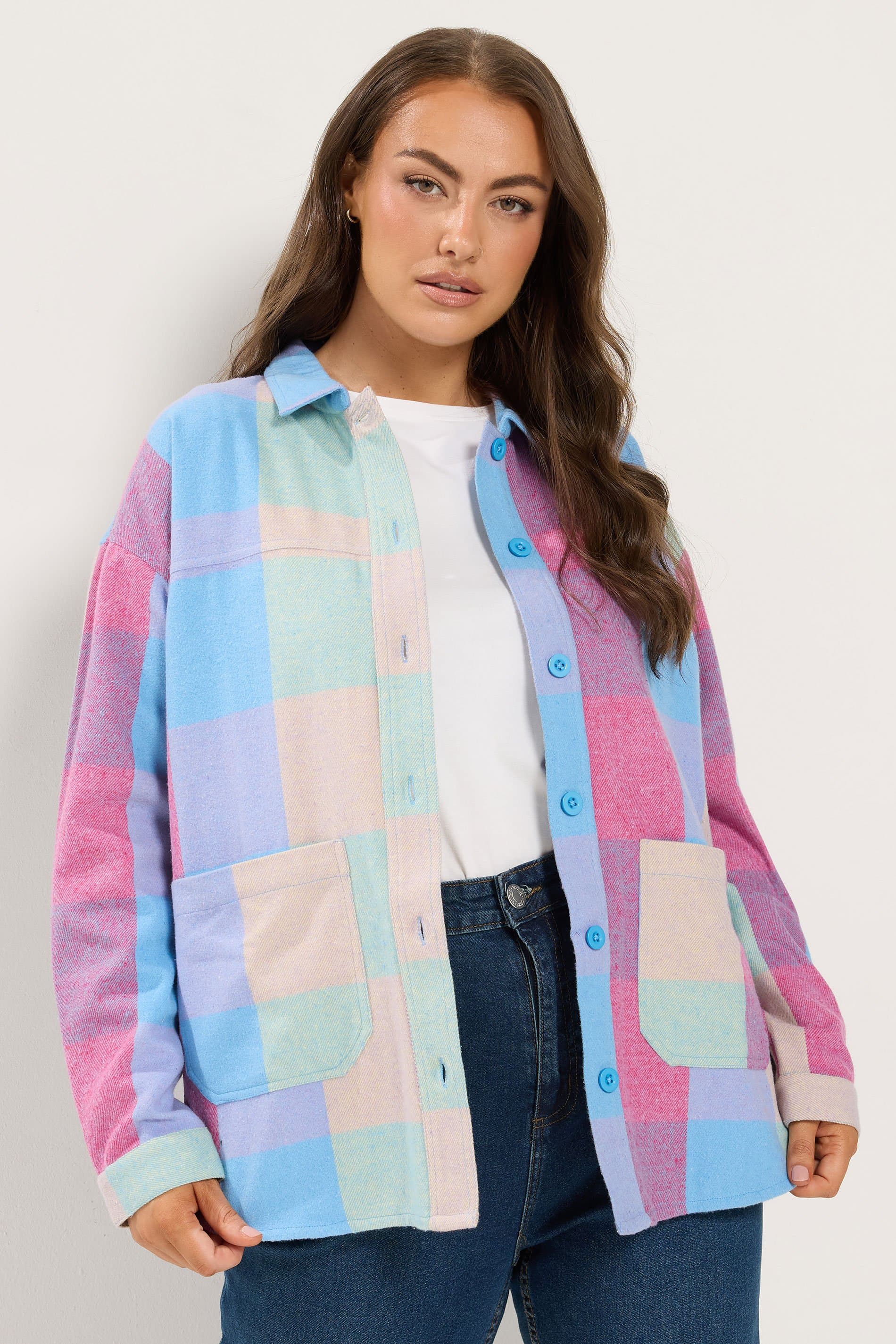 Yours Plus Size Pink & Blue Check Shacket