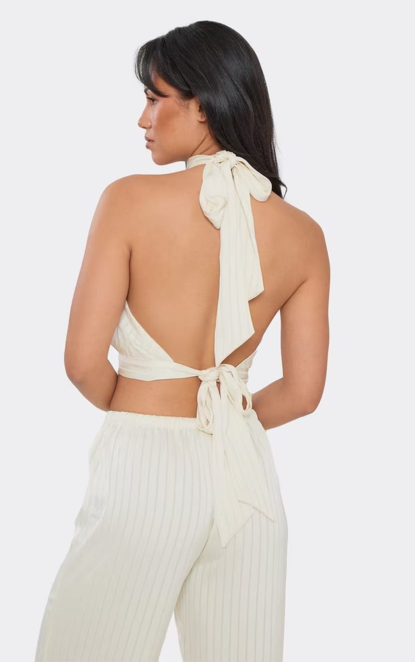 EGO Halterneck Tie Back Top In Cream Satin, Women's Size UK 6 - 1