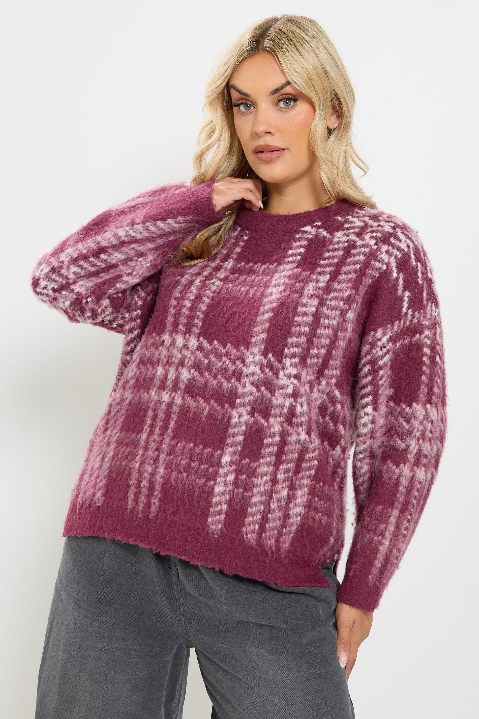 Yours Plus Size Purple Brushed Check Knitted Jumper