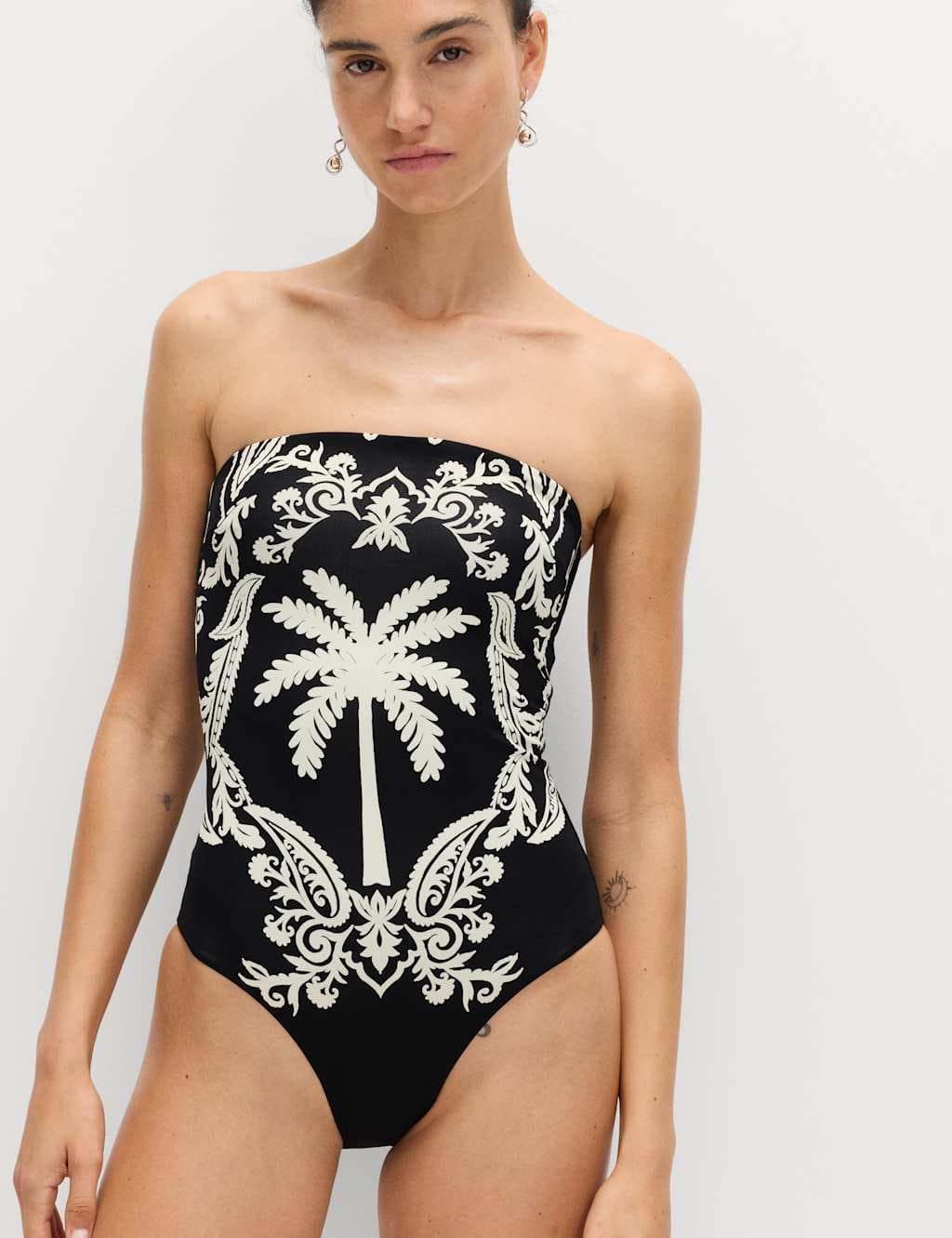 Marks & Spencer M&S Tummy Control Printed Bandeau Swimsuit Black Mix