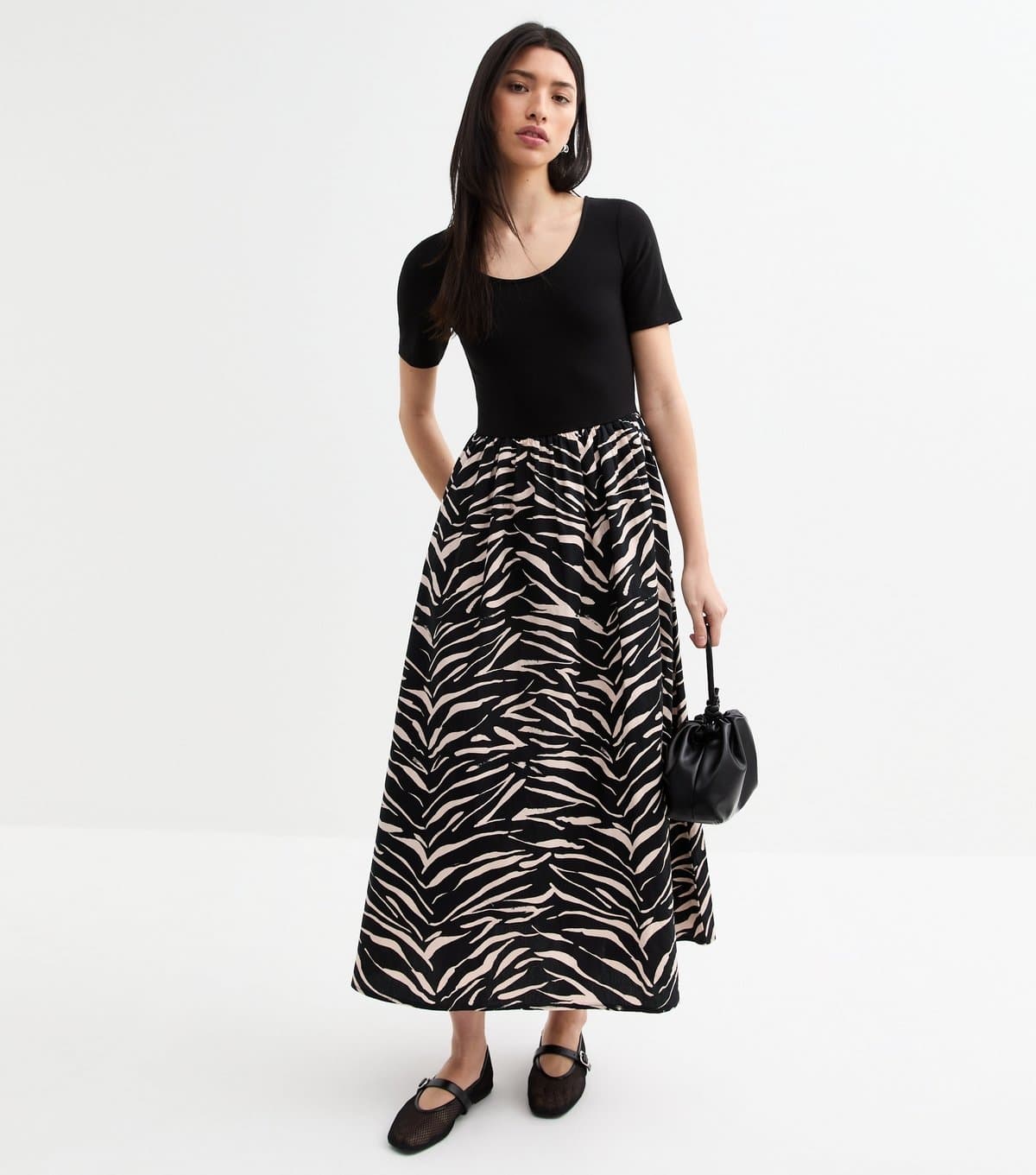 New Look Women's Black Zebra Print Scoop Neck Poplin Midi Dress New Look