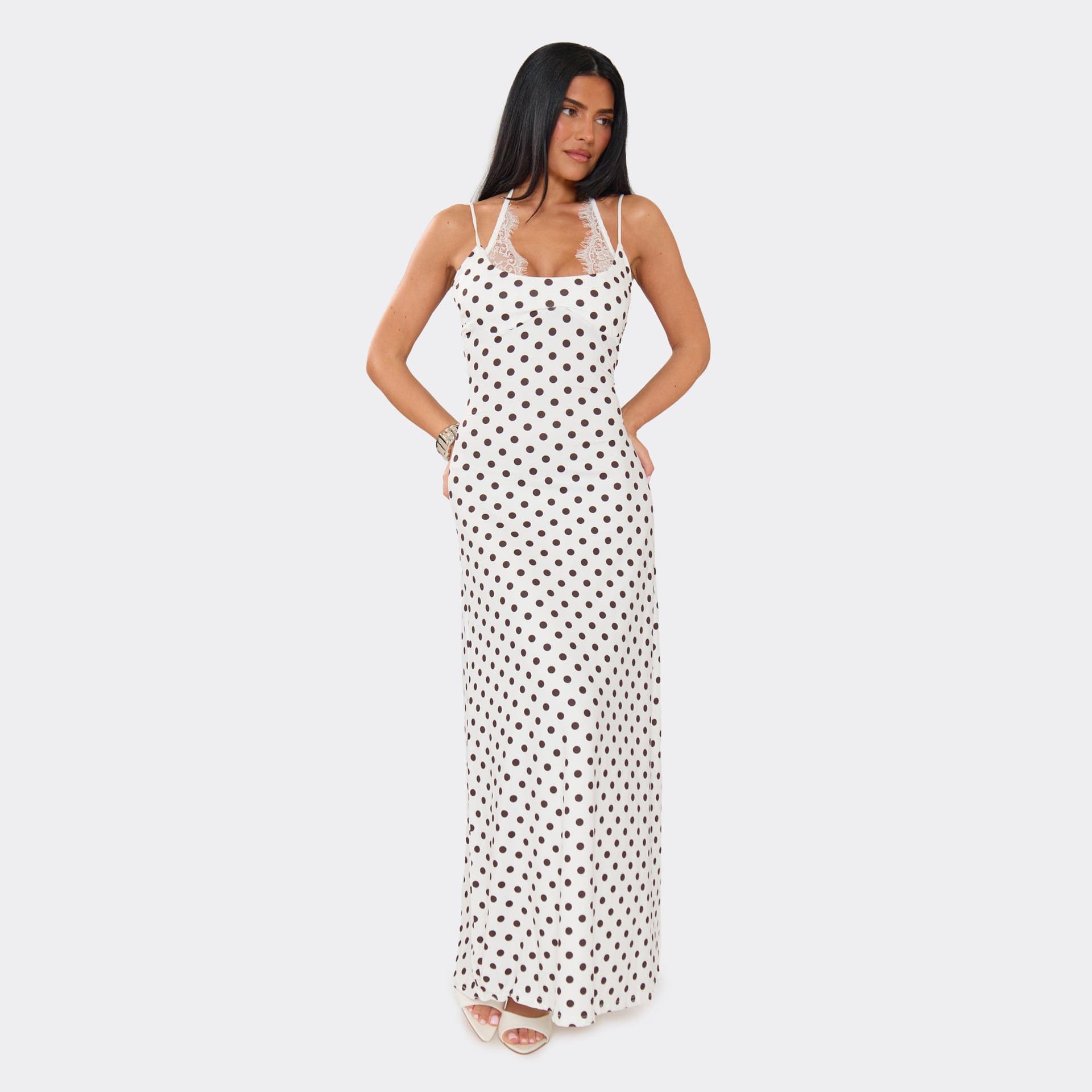 EGO Strappy Lace Trim Maxi Dress In White Polka Dot, Women's Size UK M/L