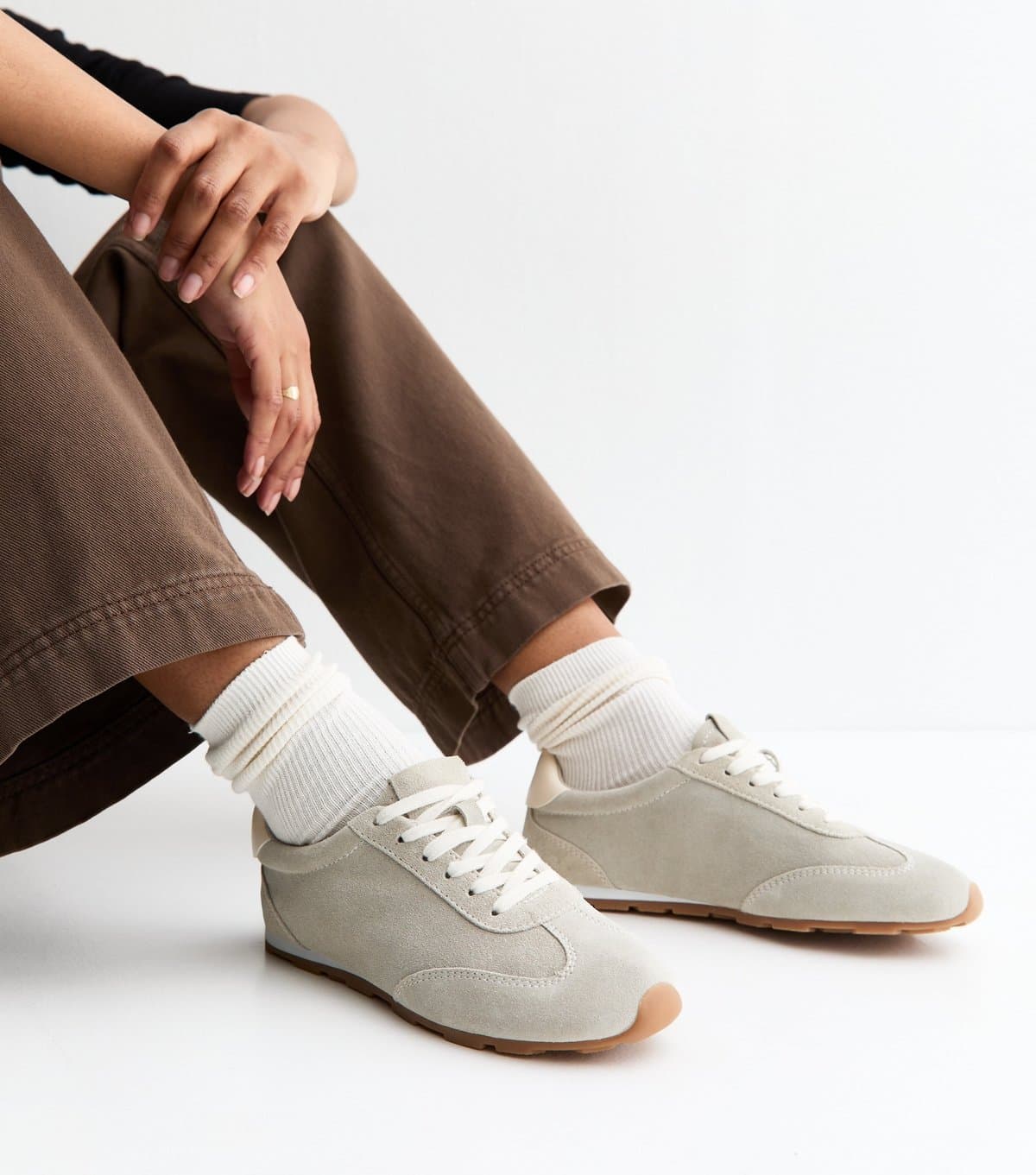 New Look Women's Premium Real Leather Grey Suede Contrast Heel Lace Up Trainers New Look