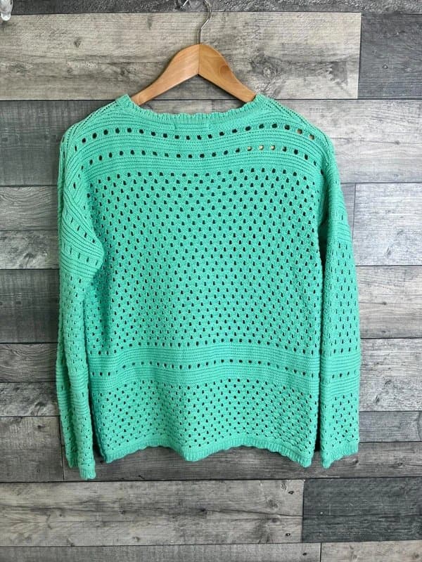 WoolOvers Woolovers Womens Jumper Size Small Green Open Knit Crochet Sweater Organic
