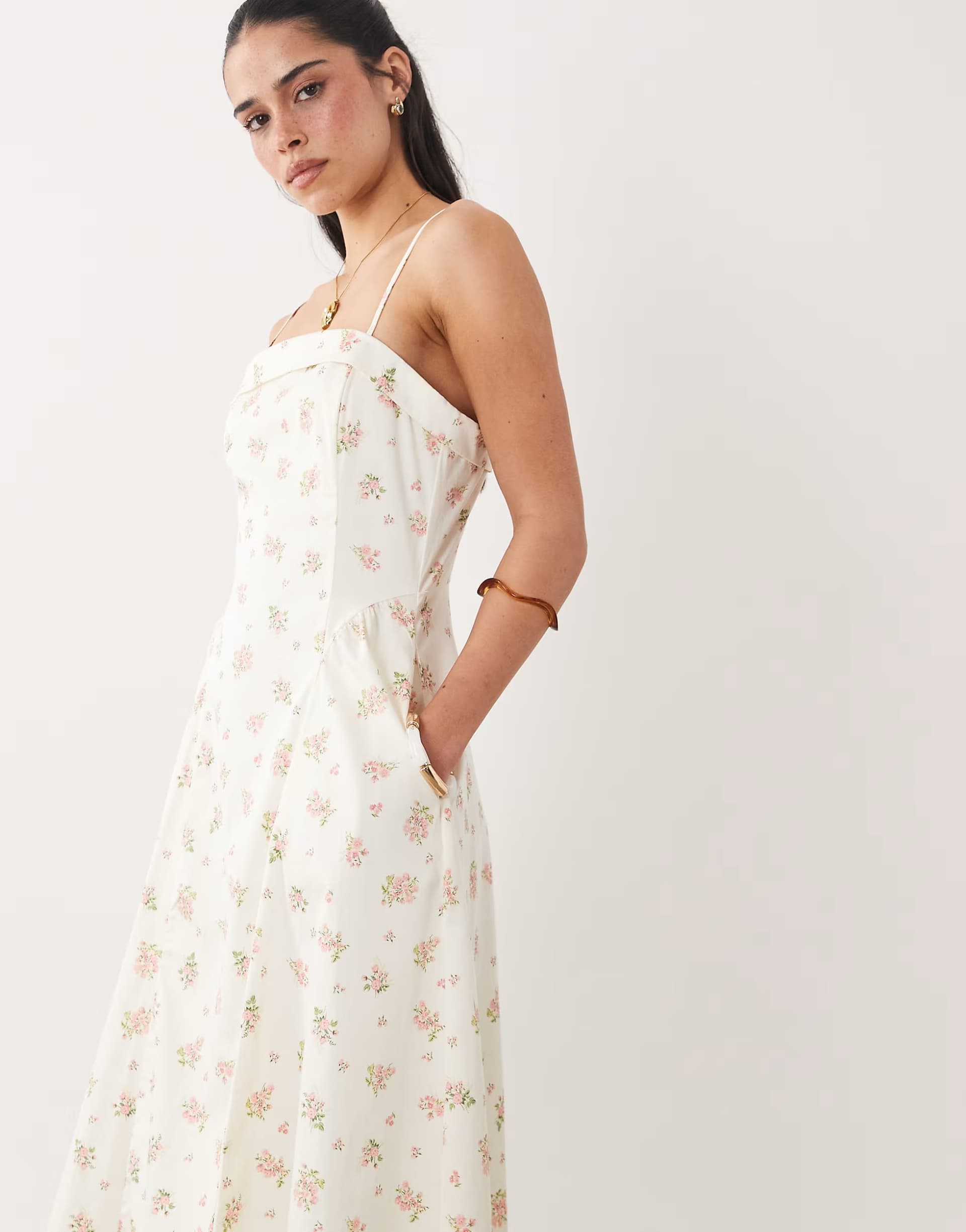 ASOS Mango cotton rich square neck strappy maxi dress in cream floral print