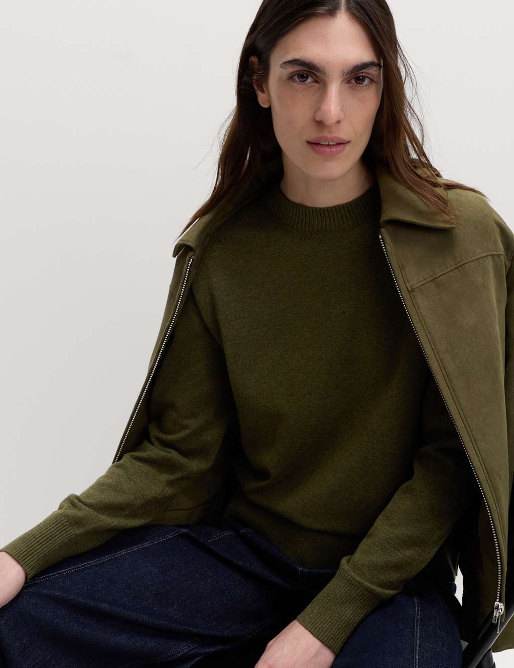 Marks & Spencer M&S Air-Yarn Crew Neck Jumper Dark Khaki - 4