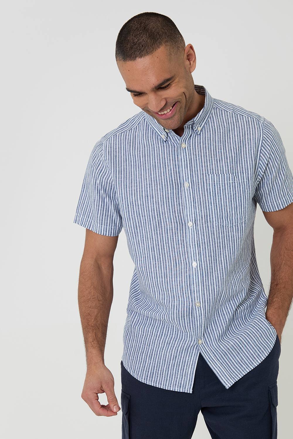 Threadbare Threadbare Men's Stripe Linen Cotton Blend Short Sleeve Shirt in Blue - 3