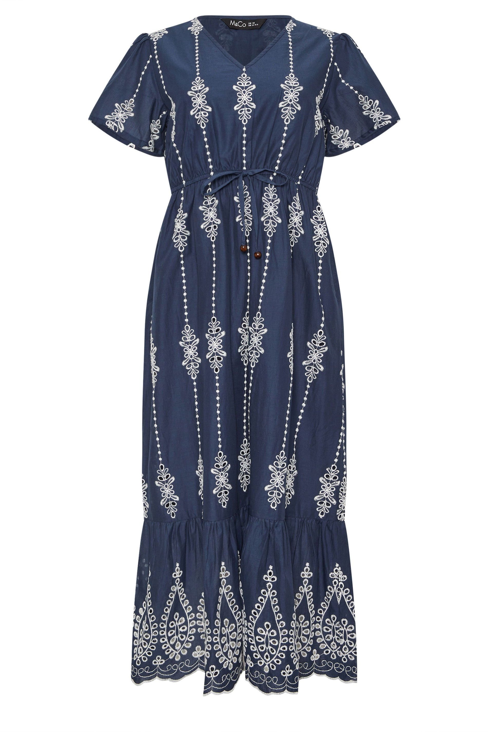 M&Co M&Co Women's Broderie Tie Waist Maxi Dress in Mid Navy - 2