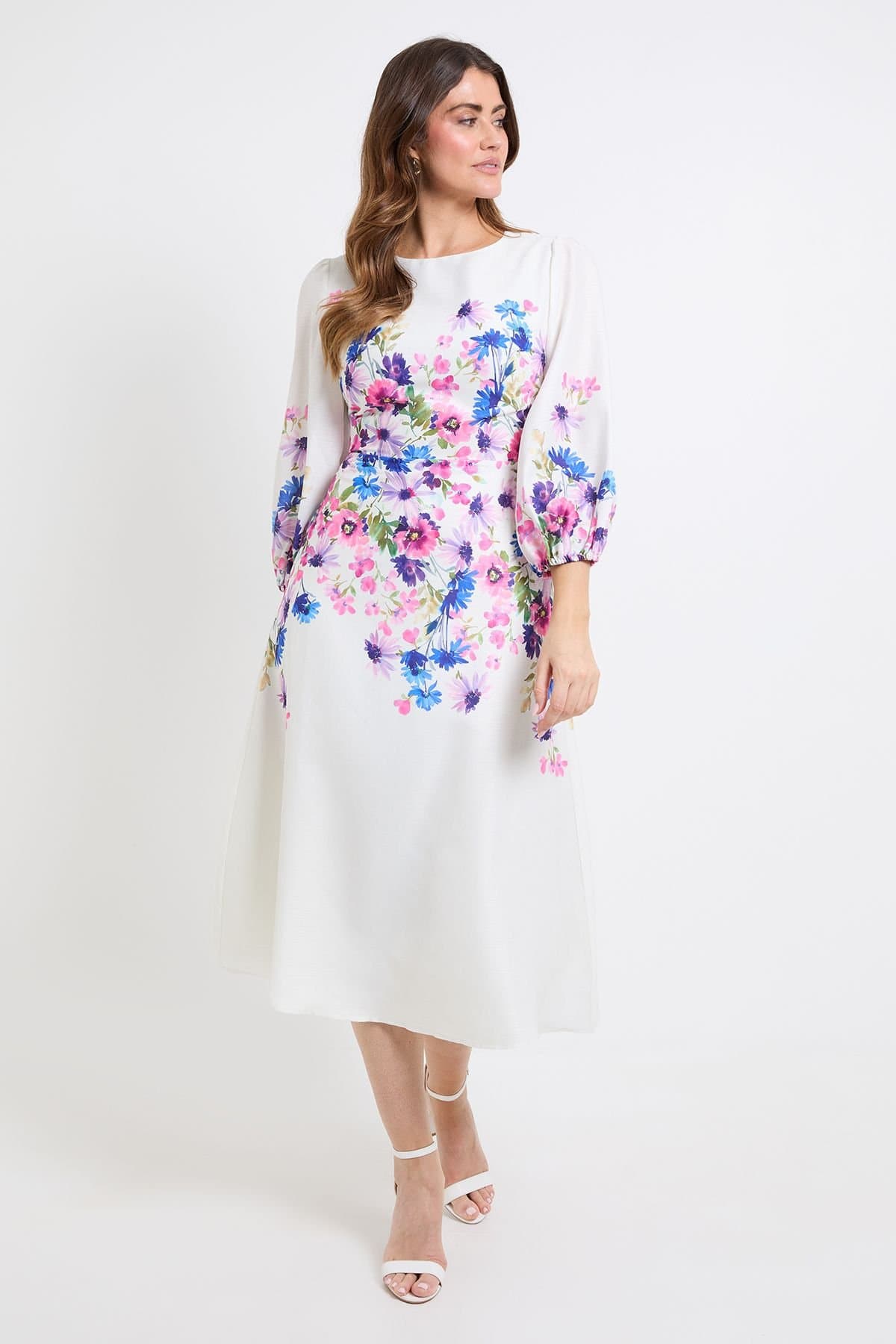Wallis Wallis Women's Floral Balloon Sleeve Midi Dress in Ivory